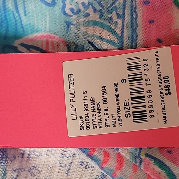Lilly Pulitzer Etta V-Neck Tee Top Multi Wish You Were Here - Picture 3 of 8